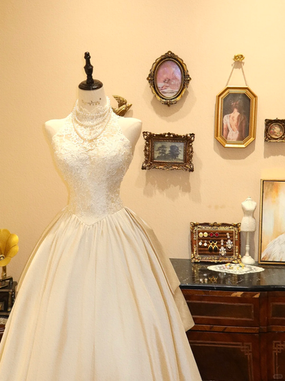 Beautiful A Line Halter Ivory Lace Satin Long Prom Dress Wedding Dress DP7033