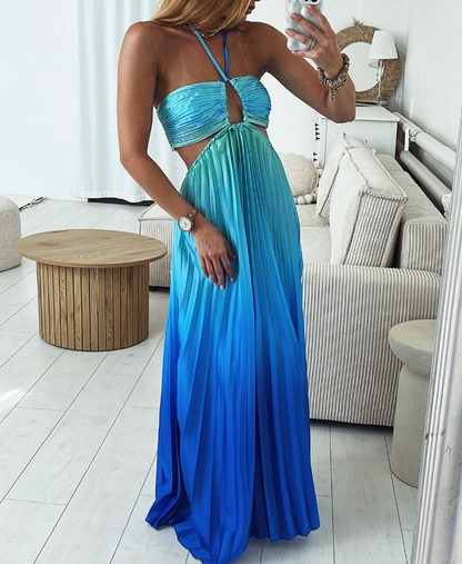 Blue Green Ombre A Line Strapless Pleated Satin Long Prom Dress Vacation Dress DP3940
