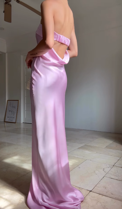 Sweety Sheath Strapless Pink Satin Open Back Long Graduation Prom Dress DP4878
