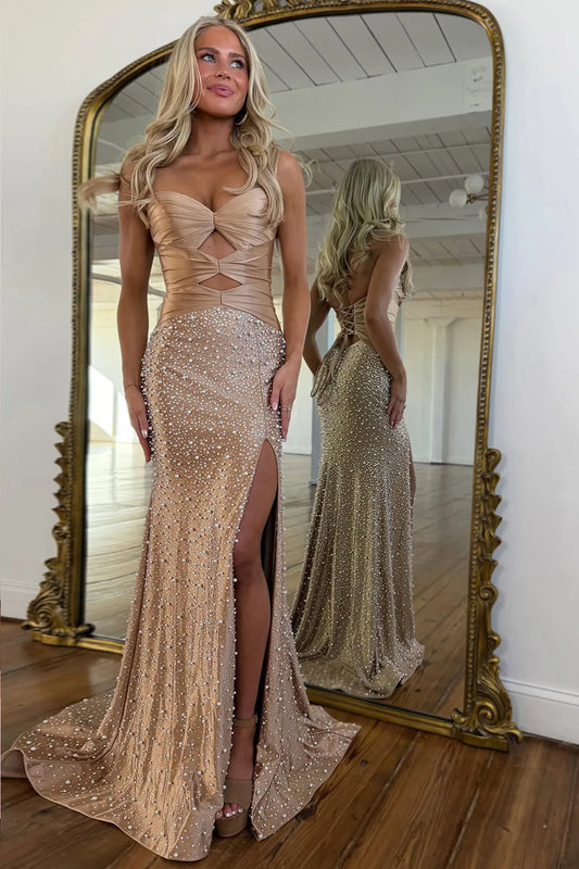 Brown Gorgeous Mermaid Cutout Bodice Lace Up Prom Dress with Pearls and Beading DP7459