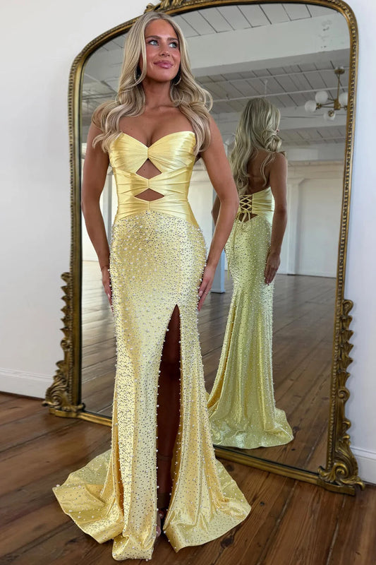 Gorgeous Mermaid Cutout Bodice Lace Up Prom Dress with Pearls and Beading DP7458