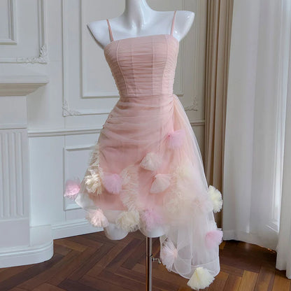 A Line Straps Pink Flower Tulle Short Homecoming Dress Outfits DP1330