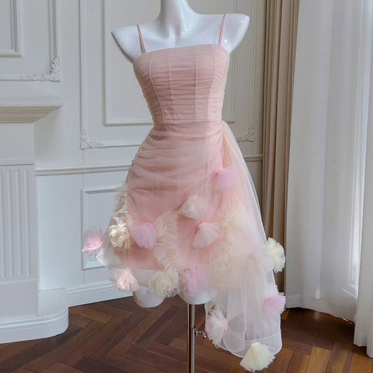 A Line Straps Pink Flower Tulle Short Homecoming Dress Outfits DP1330