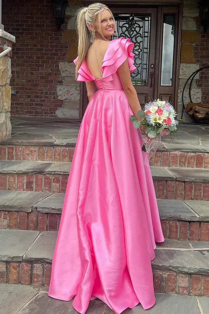 Pink A Line V-neck Ruffle Satin Long Prom Dress with Slit DP1000