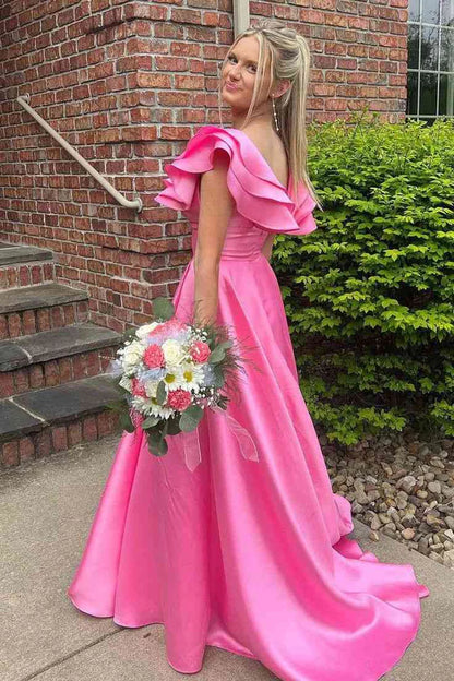Pink A Line V-neck Ruffle Satin Long Prom Dress with Slit DP1000