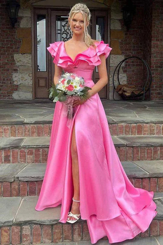 Pink A Line V-neck Ruffle Satin Long Prom Dress with Slit DP1000