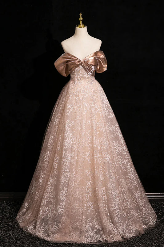 Elegant A Line Off the Shoulder Appliques Tulle Long Prom Dress Evening Dress DP1308
