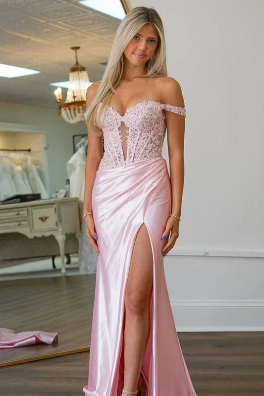 Pink Mermaid Off The Shoulder Lace Top Long Sequin Prom Dress With High Slit DP7746