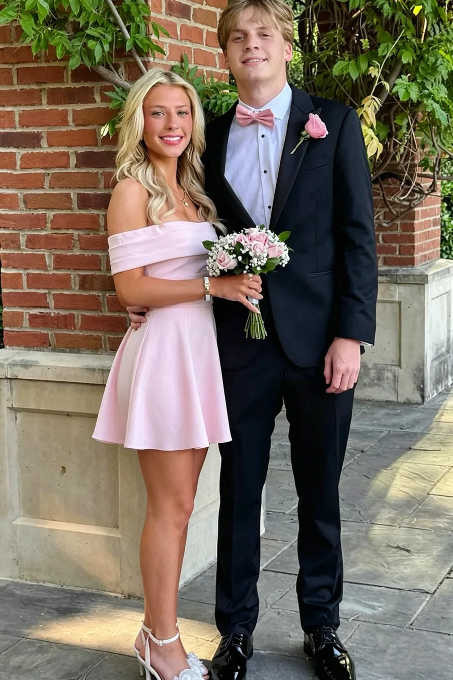 Pink Satin Off-Shoulder A-Line Pleats Short Party Homecoming Dress DP7265
