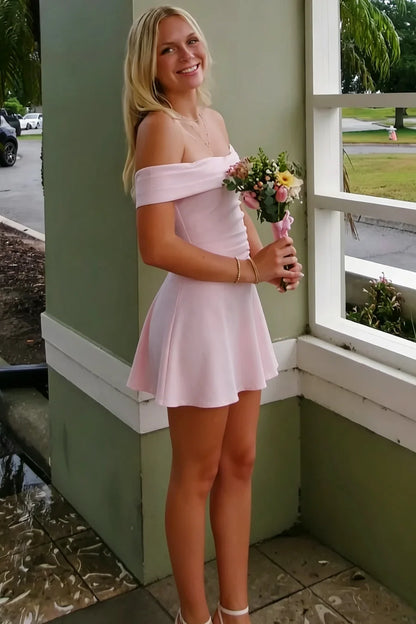 Pink Satin Off-Shoulder A-Line Pleats Short Party Homecoming Dress DP7265