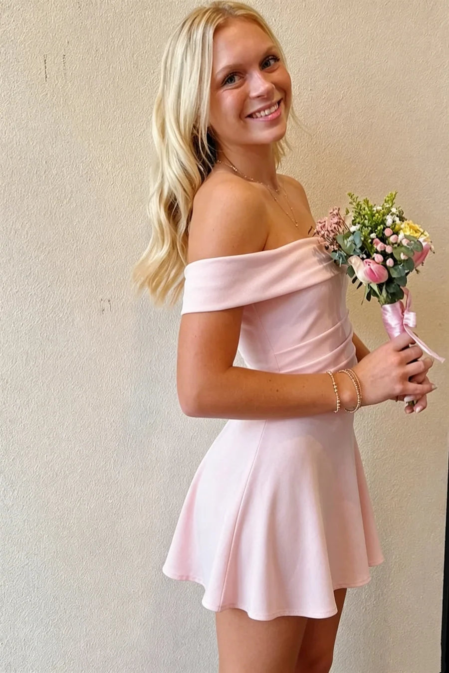 Pink Satin Off-Shoulder A-Line Pleats Short Party Homecoming Dress DP7265