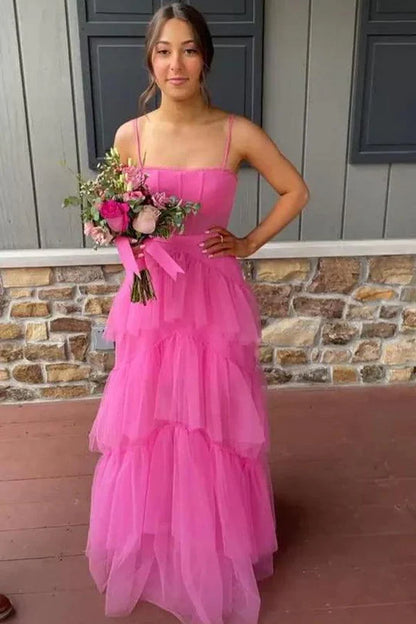 Hot Pink A Line Spaghetti Straps Tiered Tulle Long Prom Dress Evening Dress DP1166