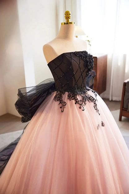 Strapless Bow Pink Tulle Long Prom Dresses Ball Gown with Black Appliques DP1065