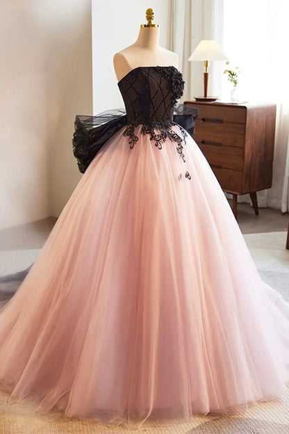 Strapless Bow Pink Tulle Long Prom Dresses Ball Gown with Black Appliques DP1065