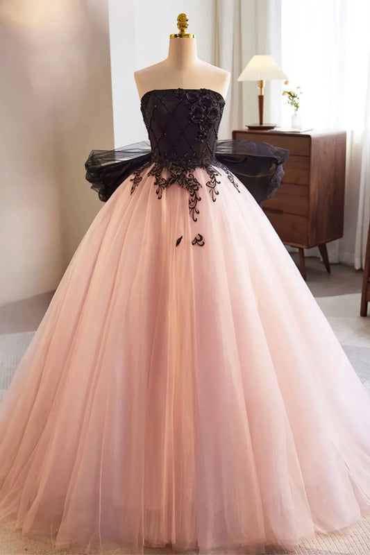 Strapless Bow Pink Tulle Long Prom Dresses Ball Gown with Black Appliques DP1065