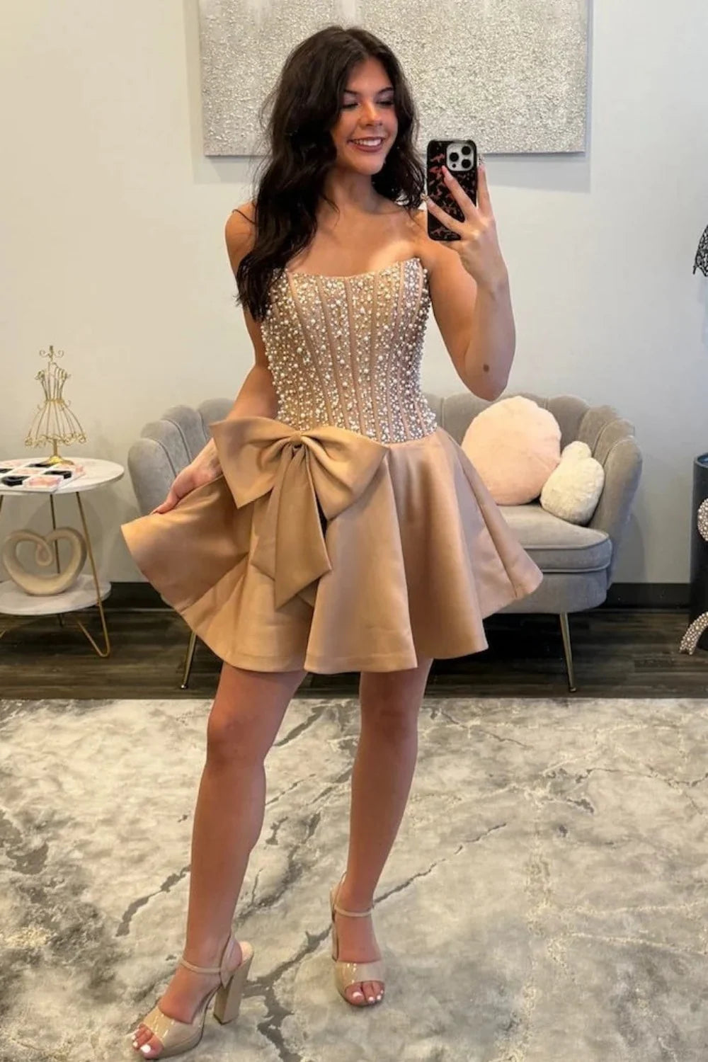 Pretty A Line Strapless Champagne Corset Homecoming Dress with Pearls Bowknot DP7295