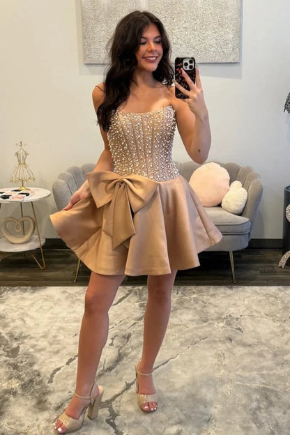Pretty A Line Strapless Champagne Corset Homecoming Dress with Pearls Bowknot DP7295