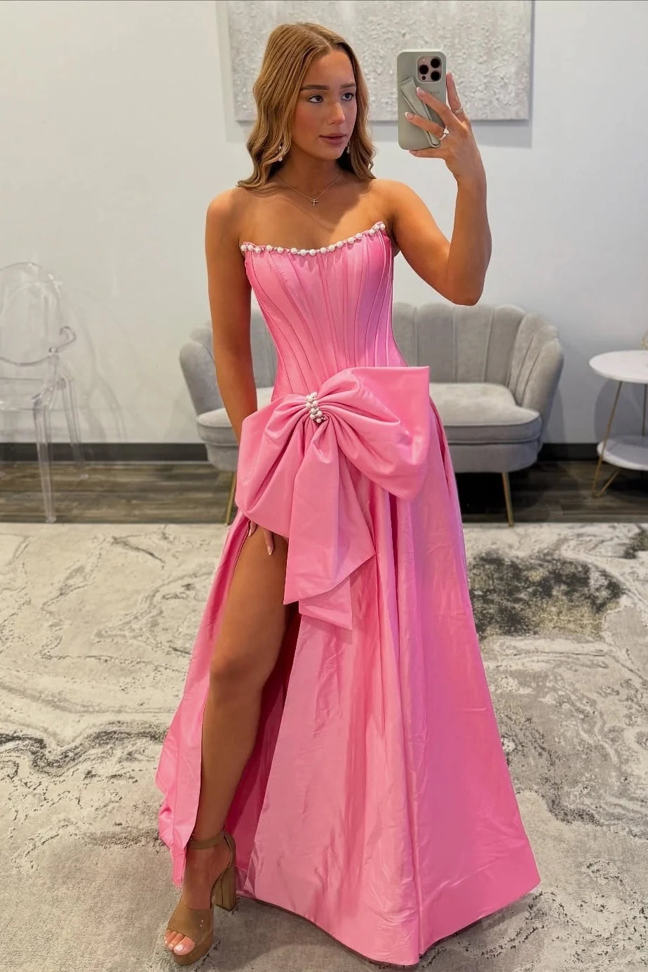Pretty A Line Strapless Pink Corset Prom Dress with Bowknot Pearls DP7493