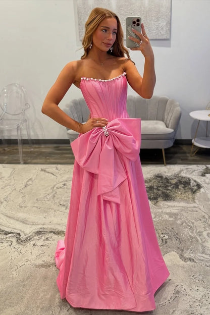 Pretty A Line Strapless Pink Corset Prom Dress with Bowknot Pearls DP7493