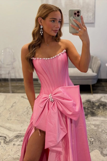 Pretty A Line Strapless Pink Corset Prom Dress with Bowknot Pearls DP7493