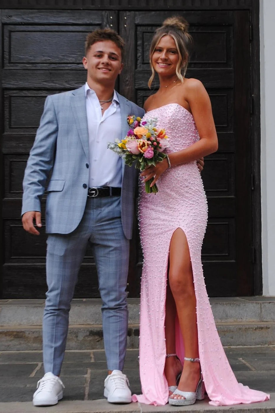 Stunning Mermaid Strapless Pink Long Prom Dress with Pearls DP7434