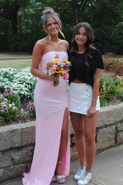 Stunning Mermaid Strapless Pink Long Prom Dress with Pearls DP7434