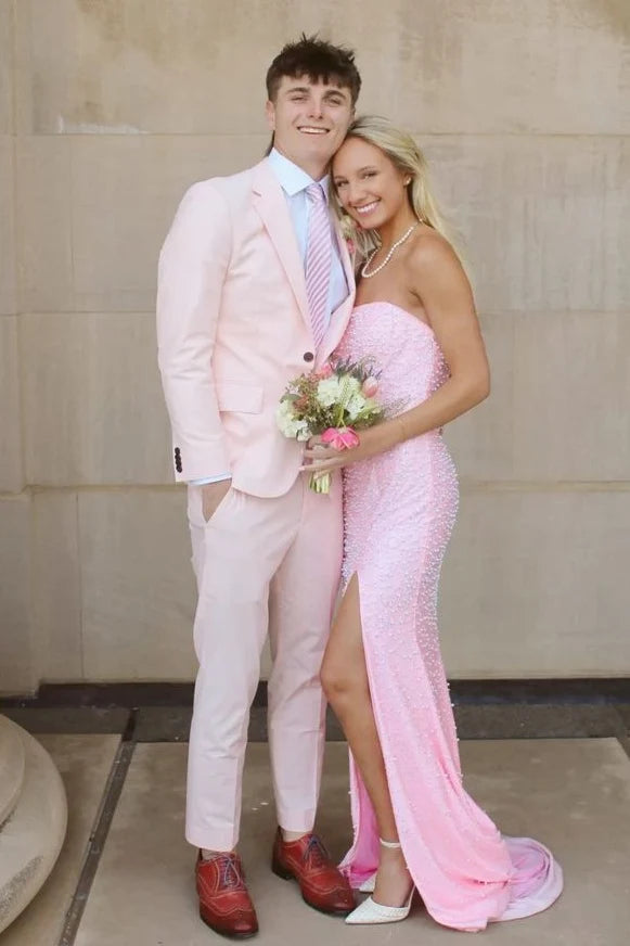 Stunning Mermaid Strapless Pink Long Prom Dress with Pearls DP7434