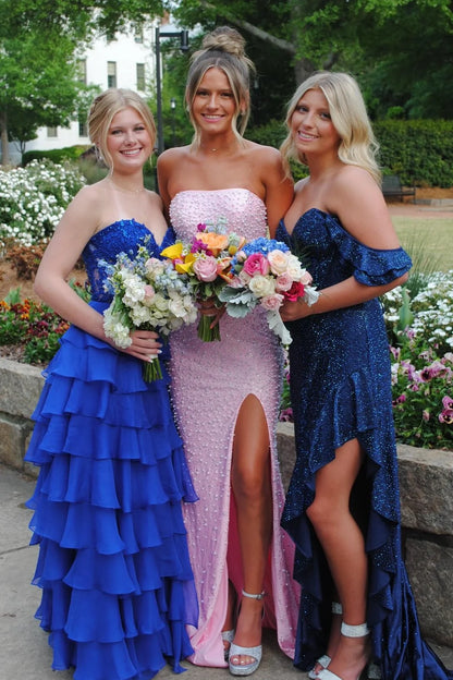 Stunning Mermaid Strapless Pink Long Prom Dress with Pearls DP7434
