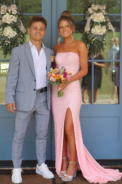Stunning Mermaid Strapless Pink Long Prom Dress with Pearls DP7434