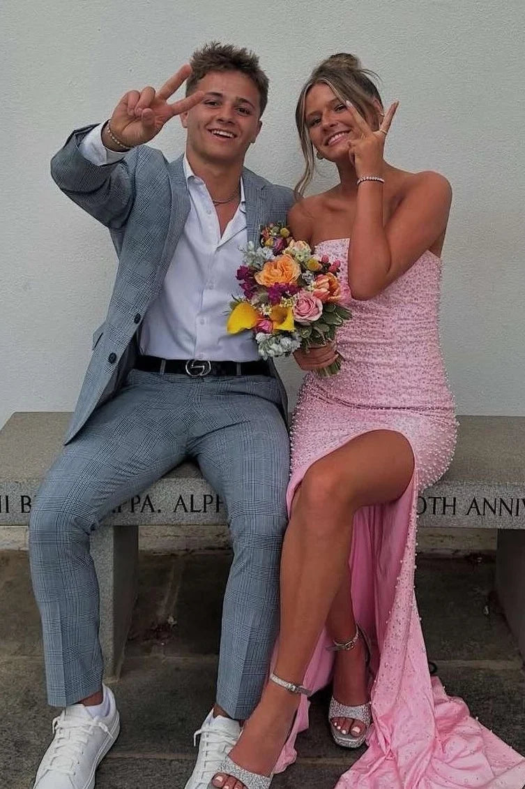 Stunning Mermaid Strapless Pink Long Prom Dress with Pearls DP7434