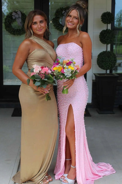 Stunning Mermaid Strapless Pink Long Prom Dress with Pearls DP7434