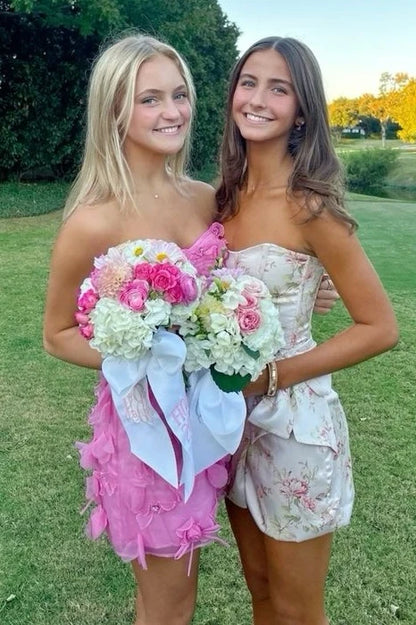 Cute Sheath Strapless Pink Short Homecoming Dress with Appliques DP7285