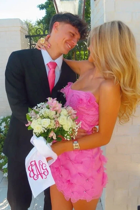 Cute Sheath Strapless Pink Short Homecoming Dress with Appliques DP7285