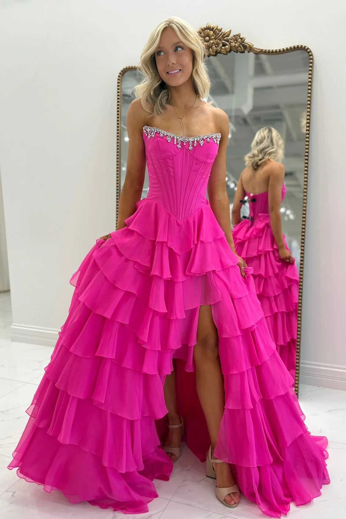 Princess A Line Strapless Hot Pink Corset Prom Dress with Beading Ruffles DP7500