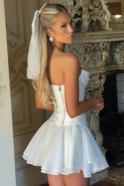 Princess A Line Strapless White Satin Short Homecoming Dress with Ruched DP7208