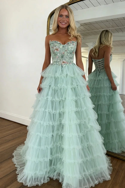 Stunning A Line Sweetheart Mint Green Tiered Tulle Corset Prom Dress with Floral DP7450