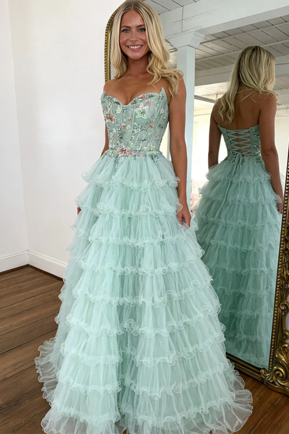 Stunning A Line Sweetheart Mint Green Tiered Tulle Corset Prom Dress with Floral DP7450