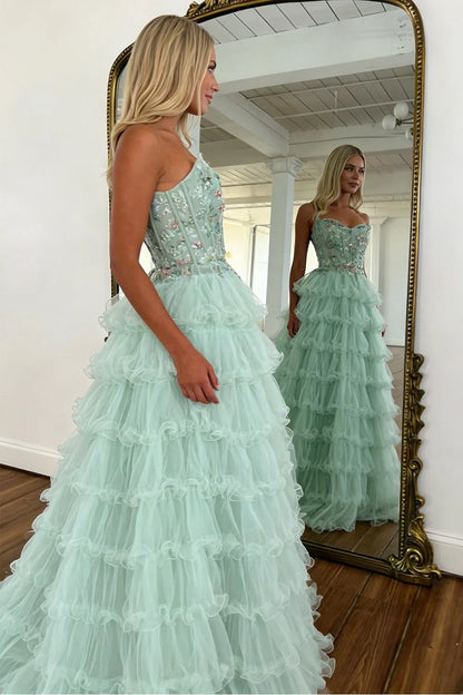 Stunning A Line Sweetheart Mint Green Tiered Tulle Corset Prom Dress with Floral DP7450