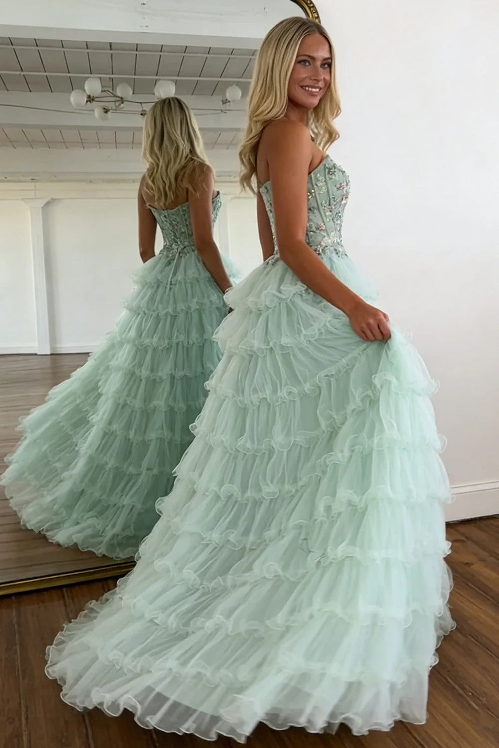 Stunning A Line Sweetheart Mint Green Tiered Tulle Corset Prom Dress with Floral DP7450