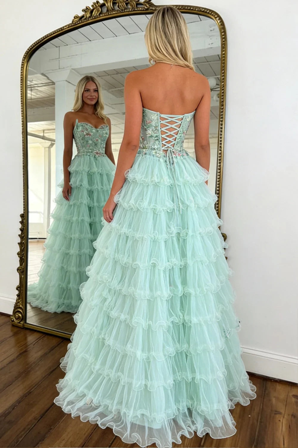 Stunning A Line Sweetheart Mint Green Tiered Tulle Corset Prom Dress with Floral DP7450