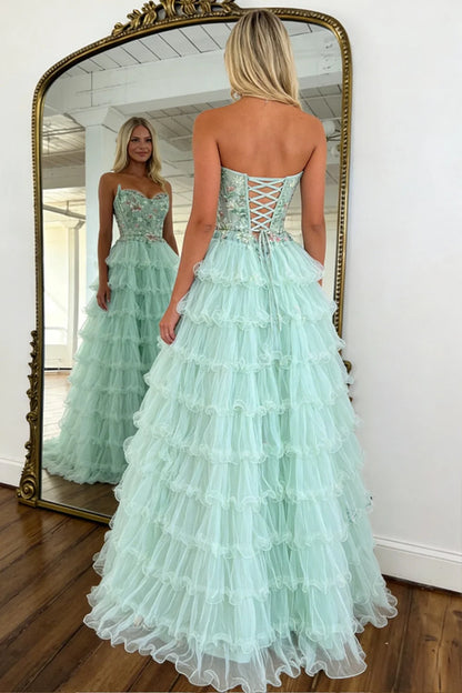Stunning A Line Sweetheart Mint Green Tiered Tulle Corset Prom Dress with Floral DP7450