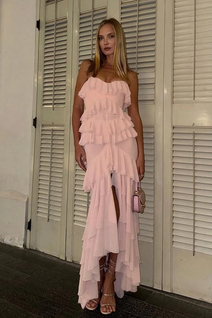 Princess Sheath Sweetheart Pink Long Prom Dress with Ruffles DP7253
