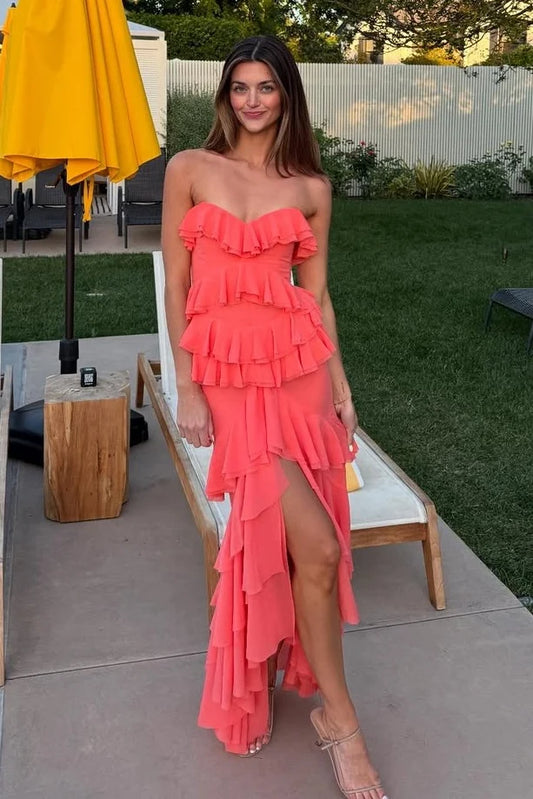 Princess Sheath Sweetheart Watermelon Pink Long Prom Dress with Ruffles DP7254