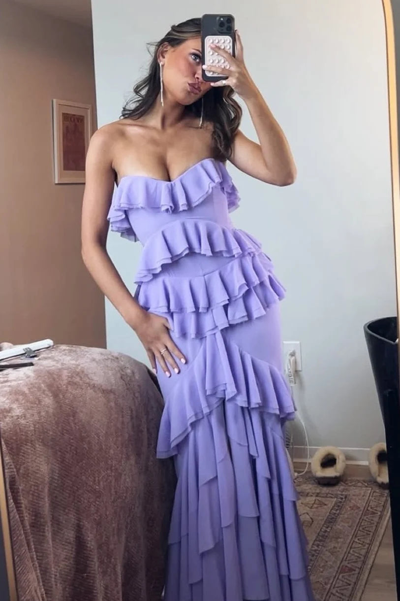 Princess Sheath Sweetheart Purple Long Prom Dress with Ruffles DP7255