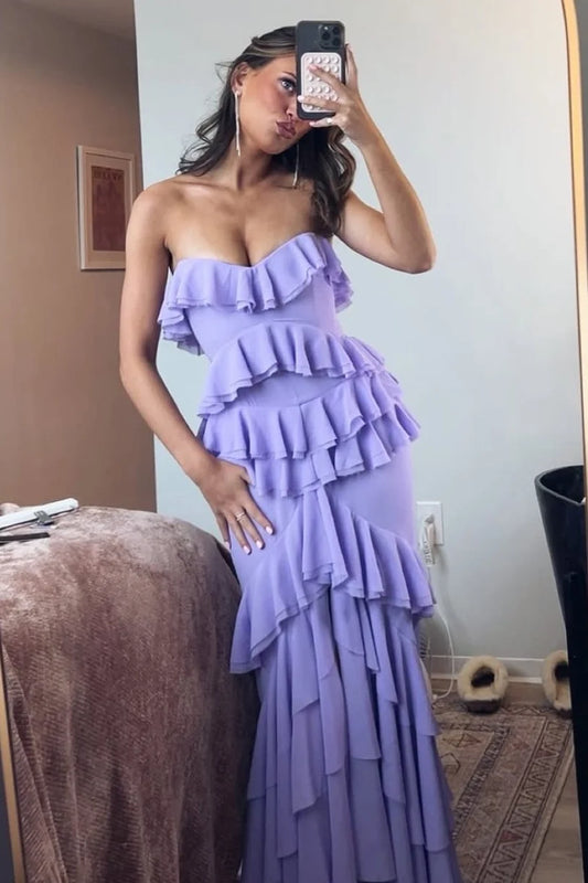 Princess Sheath Sweetheart Purple Long Prom Dress with Ruffles DP7255