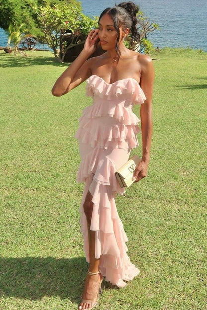Princess Sheath Sweetheart Pink Long Prom Dress with Ruffles DP7253