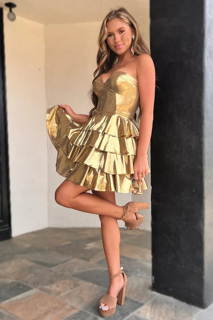 Strapless Gold Ruffle Tiered Satin Short Homecoming Dress DP993