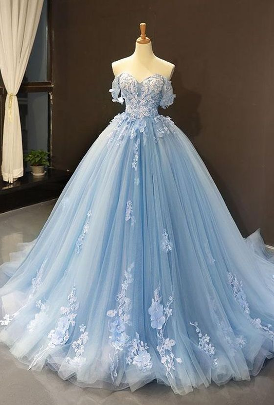 Blue Off Shoulder Prom Dress Quinceanera Dress Flowers Applique Ball Gown DP119