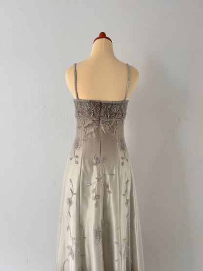 Vintage Unique A Line Spaghetti Strap Beaded Satin Tulle Prom Dress DP4827