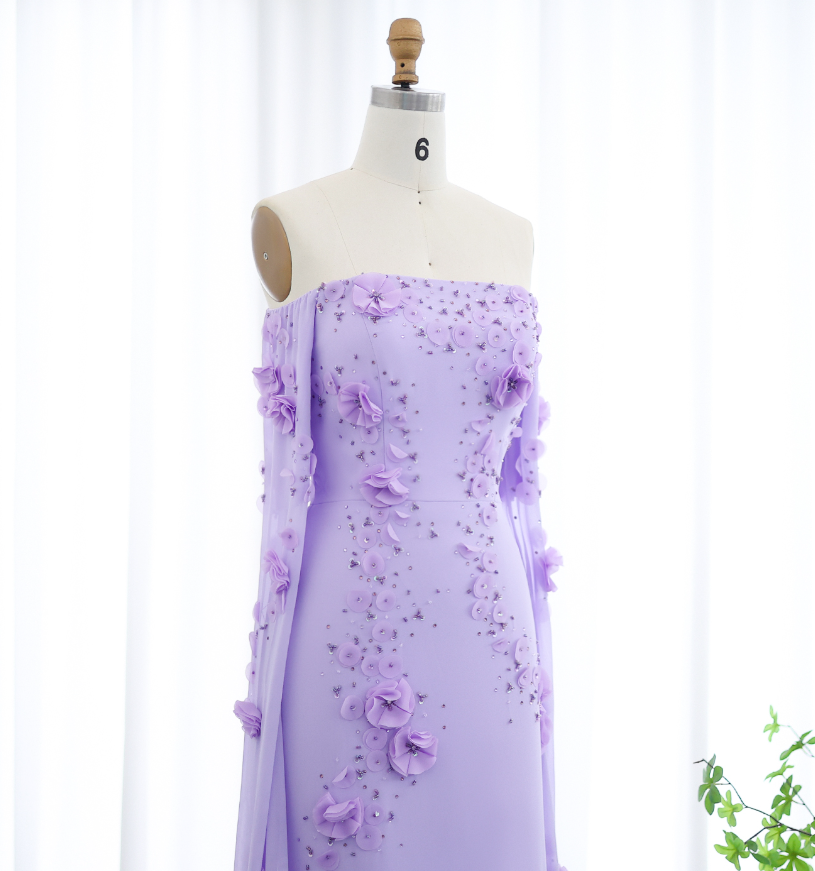 Stunning Lilac A Line Long Sleeve Beaded 3D Flower Chiffon Prom Dress Evening Dress DP1911